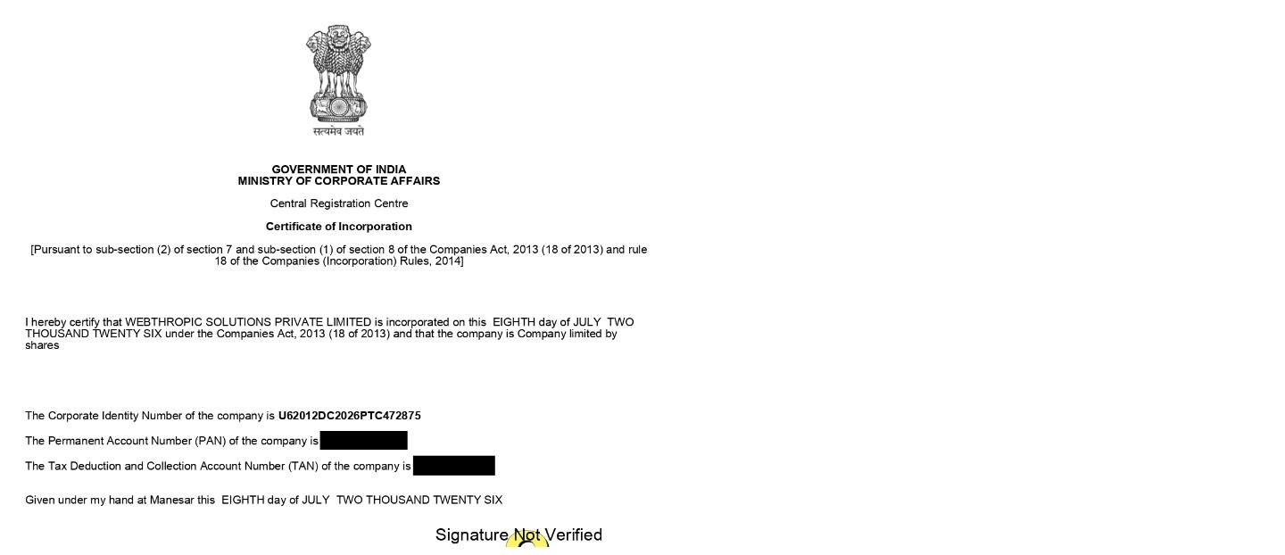 Certificate of Incorporation - Webthropic Solutions Private Limited